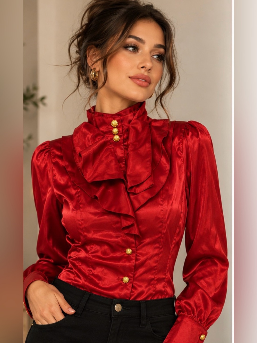 Vintage 90s Red Satin Ruffle Blouse NWT Heavyweight Statement Top Size S